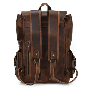 Vintage crazy horse leather backpack for men, large capacity travel business bag, back view detail.