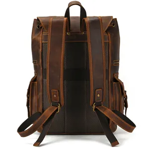 Vintage crazy horse leather men backpack detail view, large capacity casual travel bag.