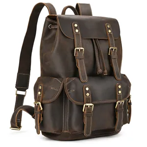 Men Vintage Genuine Leather Backpack Large Capacity Business Travel Laptop Bag Cowhide Casual Rucksack