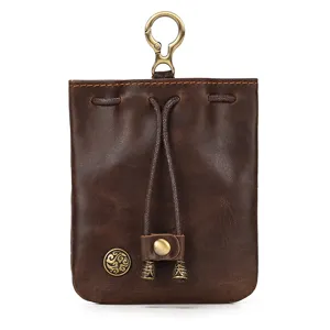 Vintage crazy horse leather coin purse mini retro drawstring pouch for women and men small bag