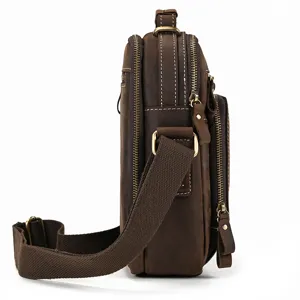 Vintage genuine leather shoulder bag side view, premium brown casual crossbody bag for men.