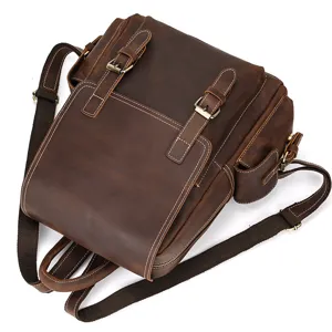 Vintage brown crazy horse leather backpack for men, casual business travel laptop school bag.