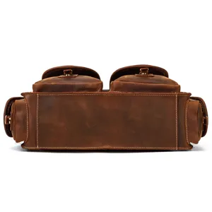 Men vintage crazy horse leather briefcase detail view, brown multi pocket shoulder bag.