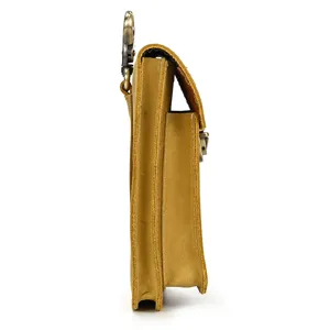 Crazy horse leather cell phone waist bag side view, genuine leather belt pouch with metal hook.