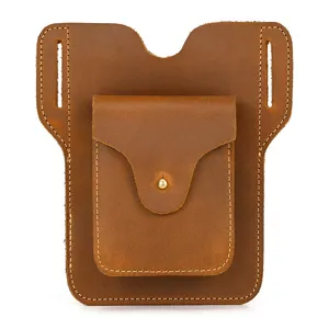 Vintage genuine leather phone waist pouch for men, outdoor belt sheath holster bag brown.