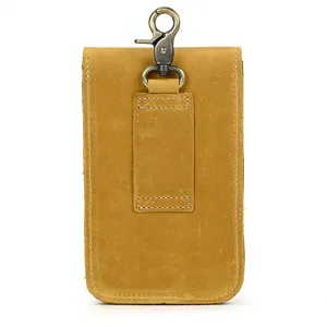 Genuine crazy horse leather phone holster with metal belt clip and loop, retro design detail.