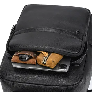 Men business laptop backpack genuine leather detail view showing large capacity and multi compartments
