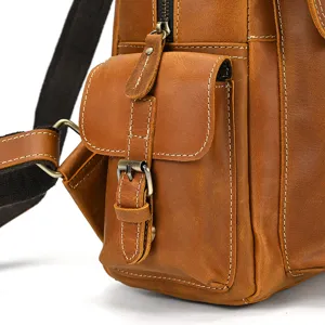 Close-up of vintage brown crazy horse leather backpack detail, durable stitching and hardware.