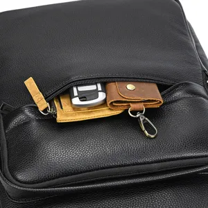 Black genuine leather men business backpack detail pocket view, premium casual daypack.