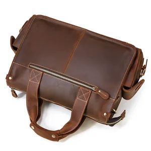 Detail view of men's vintage crazy horse leather briefcase, showing premium texture.