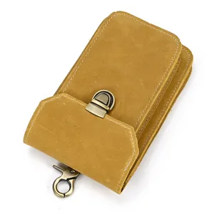 Crazy horse leather phone waist bag detail, vintage genuine leather belt pouch with metal hook.