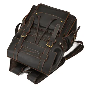 Detailed view of vintage brown leather men's backpack, multiple pockets, durable hardware.
