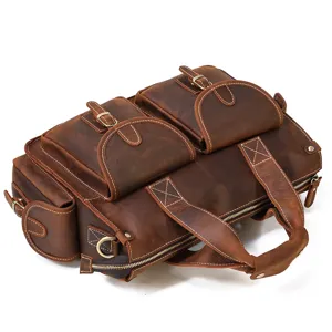 Men vintage crazy horse leather briefcase multi-pocket business laptop shoulder bag brown