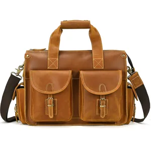 Vintage genuine leather briefcase for men, multi-pocket business laptop shoulder bag detail view.