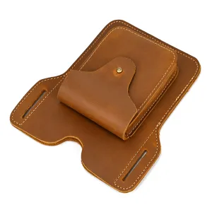 Vintage crazy horse leather phone holster for men, belt loop waist bag, detail view.