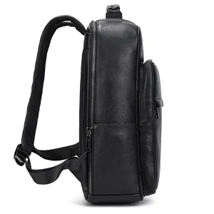 Side detail view of a black genuine leather business laptop backpack with premium texture.