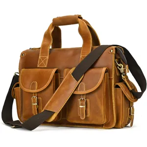 Vintage crazy horse leather briefcase detail, multi-pockets, sturdy handle and shoulder strap.