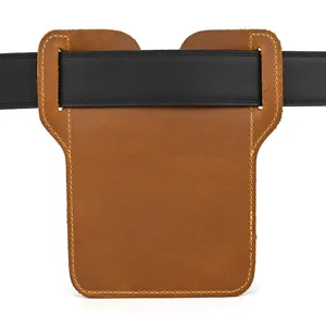 Brown crazy horse leather belt pouch detail shot showcasing fine stitching and structure.