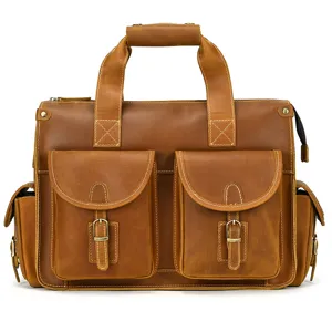 Men vintage genuine leather briefcase multi pocket laptop shoulder business messenger bag