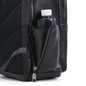 Black leather backpack detail view showing side zipper pocket and water bottle storage capacity.