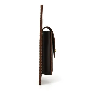 Detailed side view of the dark brown leather phone holster, showing belt loop and snap button.