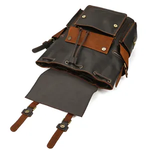 Vintage crazy horse leather backpack detail view, multi-pocket retro business rucksack.