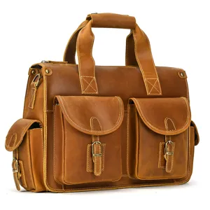 Vintage crazy horse leather men briefcase multi-pocket business laptop shoulder messenger bag