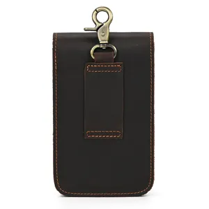 Genuine leather phone waist bag with belt loop and metal hook for men outdoor daily use.