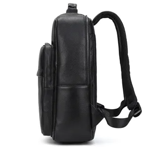 Men's business leather backpack casual computer rucksack top layer cowhide side view.