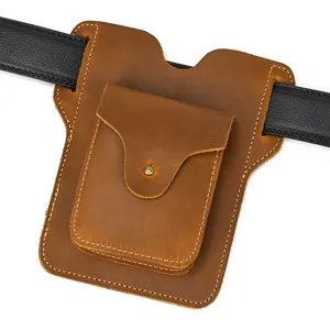Vintage crazy horse leather mobile phone waist bag for men, durable belt loop holster pouch.