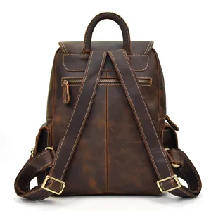 Vintage crazy horse leather backpack for men, retro brown travel bag for laptop and outdoor use.
