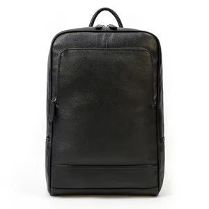 Black leather backpack for men, casual business laptop school daypack with top handle.