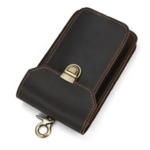 Detailed view of the dark brown crazy horse leather phone holster with metal hook.