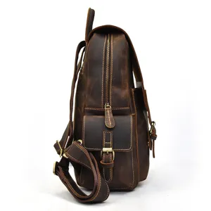 Side detail view of retro brown crazy horse leather backpack for men daily outdoor travel use.