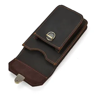 Genuine leather phone waist bag detail view, vintage crazy horse leather belt pouch with metal hook.