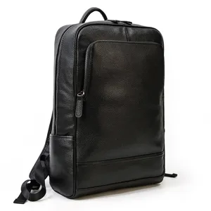 Men's business genuine leather backpack, black pebble grain casual computer bookbag.
