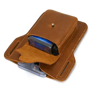 Retro leather belt phone holster detail showing durable stitching and compact design.