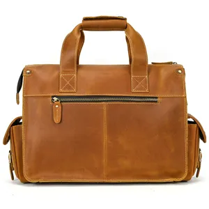Men vintage crazy horse leather briefcase business laptop bag multi pocket shoulder messenger