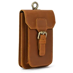 Crazy horse leather phone waist bag belt pouch with metal hook detail brown color 1pc