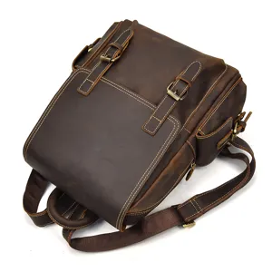 Vintage crazy horse leather backpack for men, retro outdoor travel laptop rucksack bag.