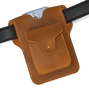 Genuine leather phone holster for men, vintage crazy horse leather belt pouch, utility phone case.