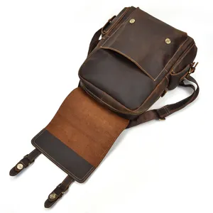 Vintage crazy horse leather backpack detail view showing open flap and quality texture.