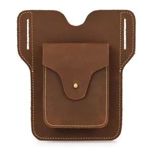 Genuine leather phone holster for men, vintage brown belt loop pouch, ideal for outdoor sports.
