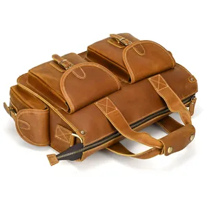 Men vintage crazy horse leather briefcase multi-pocket business laptop shoulder bag