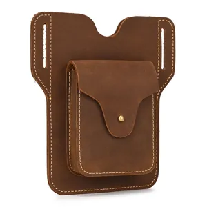 Vintage crazy horse leather phone waist bag for men, outdoor belt holster pouch.