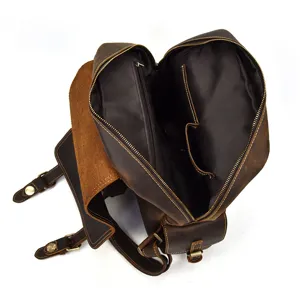 Crazy horse leather backpack interior detail, vintage men genuine leather computer travel bag.