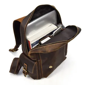 Vintage crazy horse leather backpack for men, 14-inch laptop travel bag with large capacity.