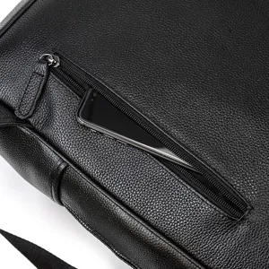 Men's business genuine leather laptop backpack detail view with zipper pocket and phone compartment.