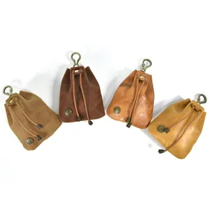 Vintage leather coin purse mini retro drawstring pouch with keychain clasp and metal buttons