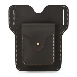 Detailed view of the genuine leather phone waist bag, vintage brown belt loop pouch.